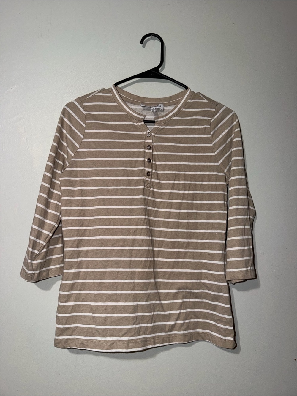 Striped Long-Sleeve Henley Tee in Beige and White